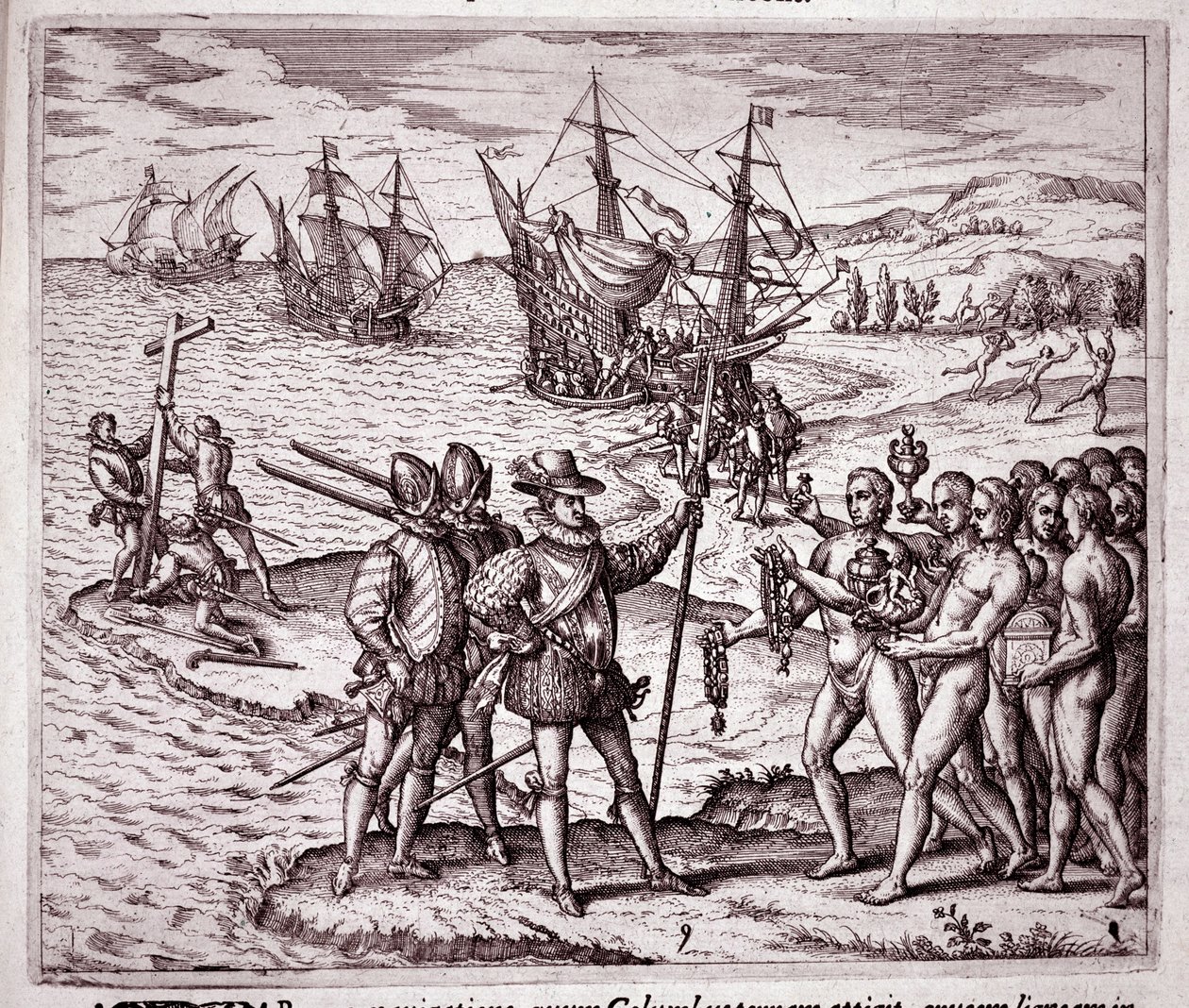 Llegada de Cristóbal Colón a la isla de La Española en las Indias Occidentales (Grabado) de Theodore de Bry