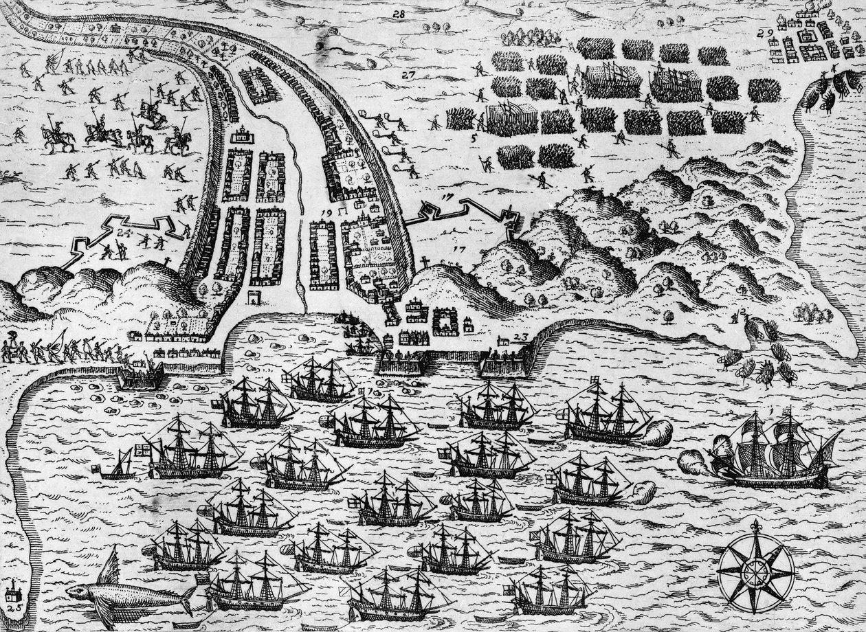 Ataque a Santiago el 27 de noviembre de 1585 (grabado) de Theodore de Bry