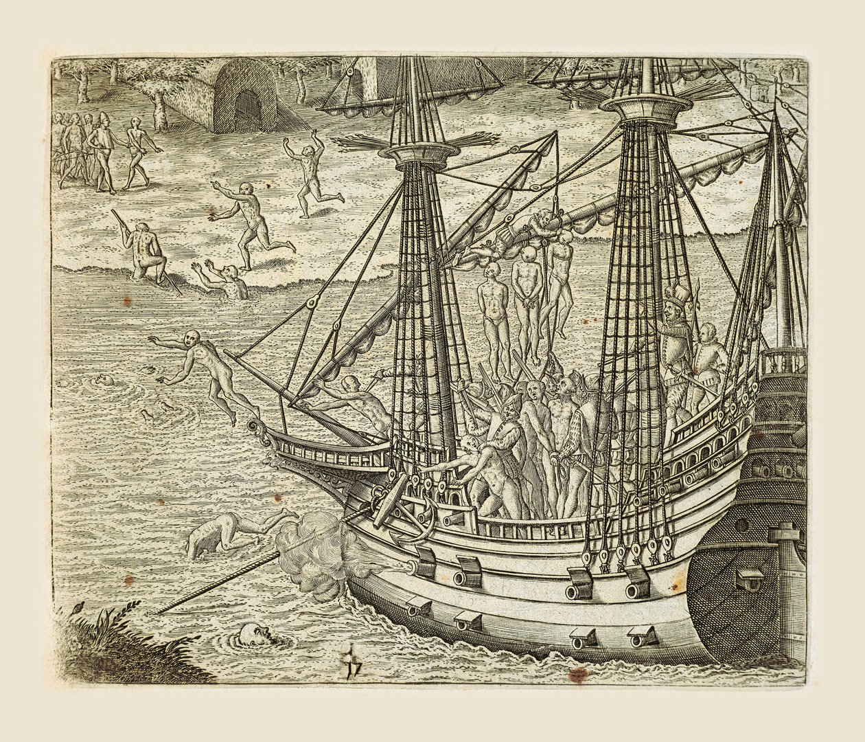 Bartolomeo Díaz colgando a algunos indios en carabela, grabado por Theodor de Bry (1528-1598) de Americae pars quarta de Theodore de Bry