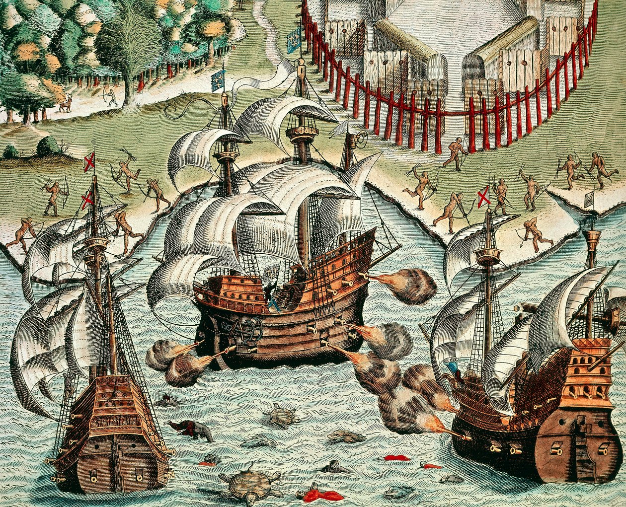 Batalla entre los franceses y portugueses en Buttugar de Theodore de Bry