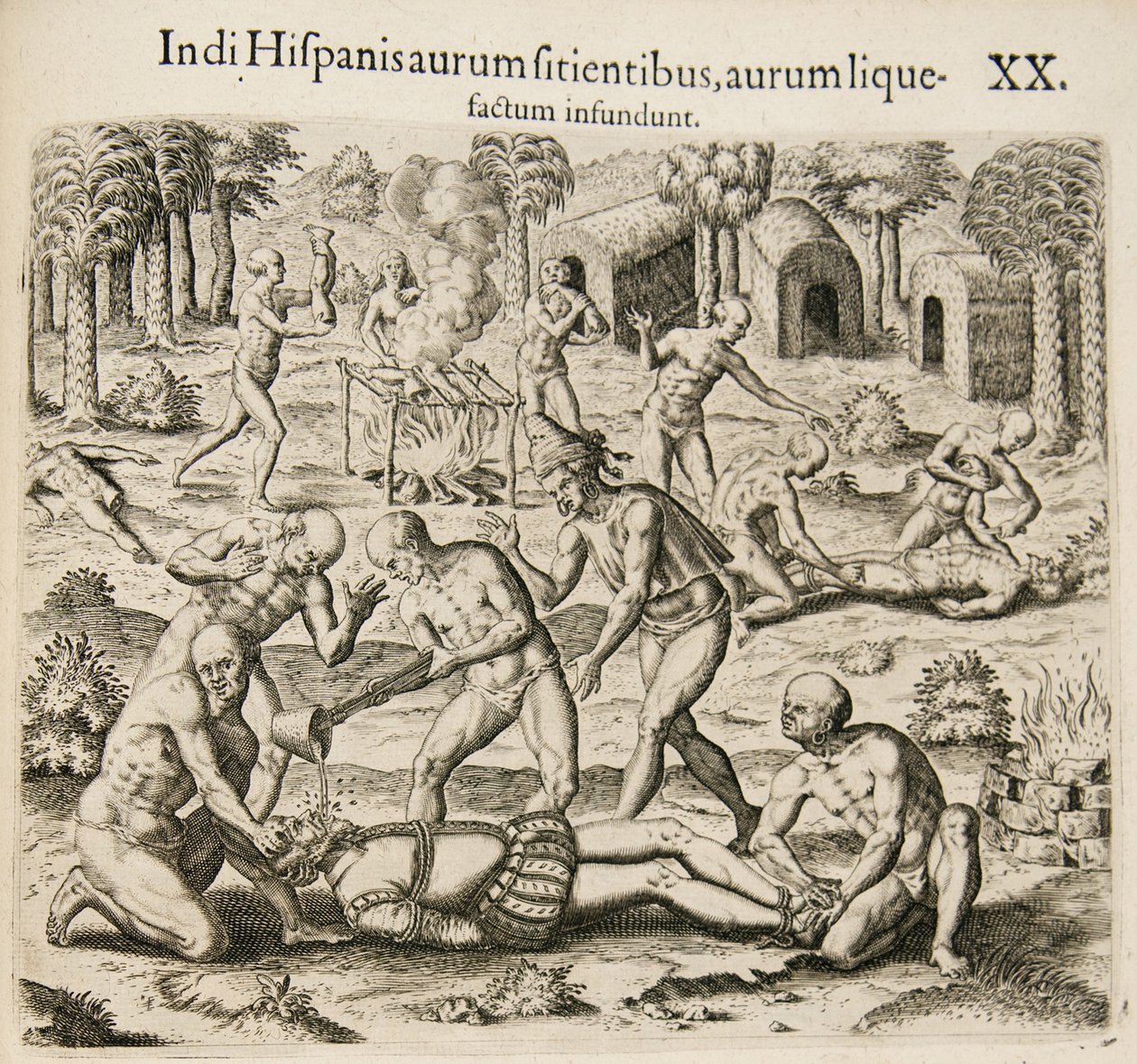 Porque los españoles tienen sed de oro, los indios les vierten oro líquido. De: Americae pars qv de Theodore de Bry