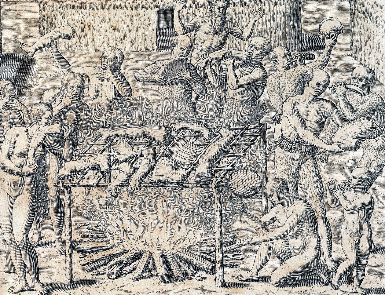 Canibalismo de tribus en el interior de Brasil, grabado de Historia Americana por Theodore de Bry, Frankfurt, Sudamérica de Theodore de Bry