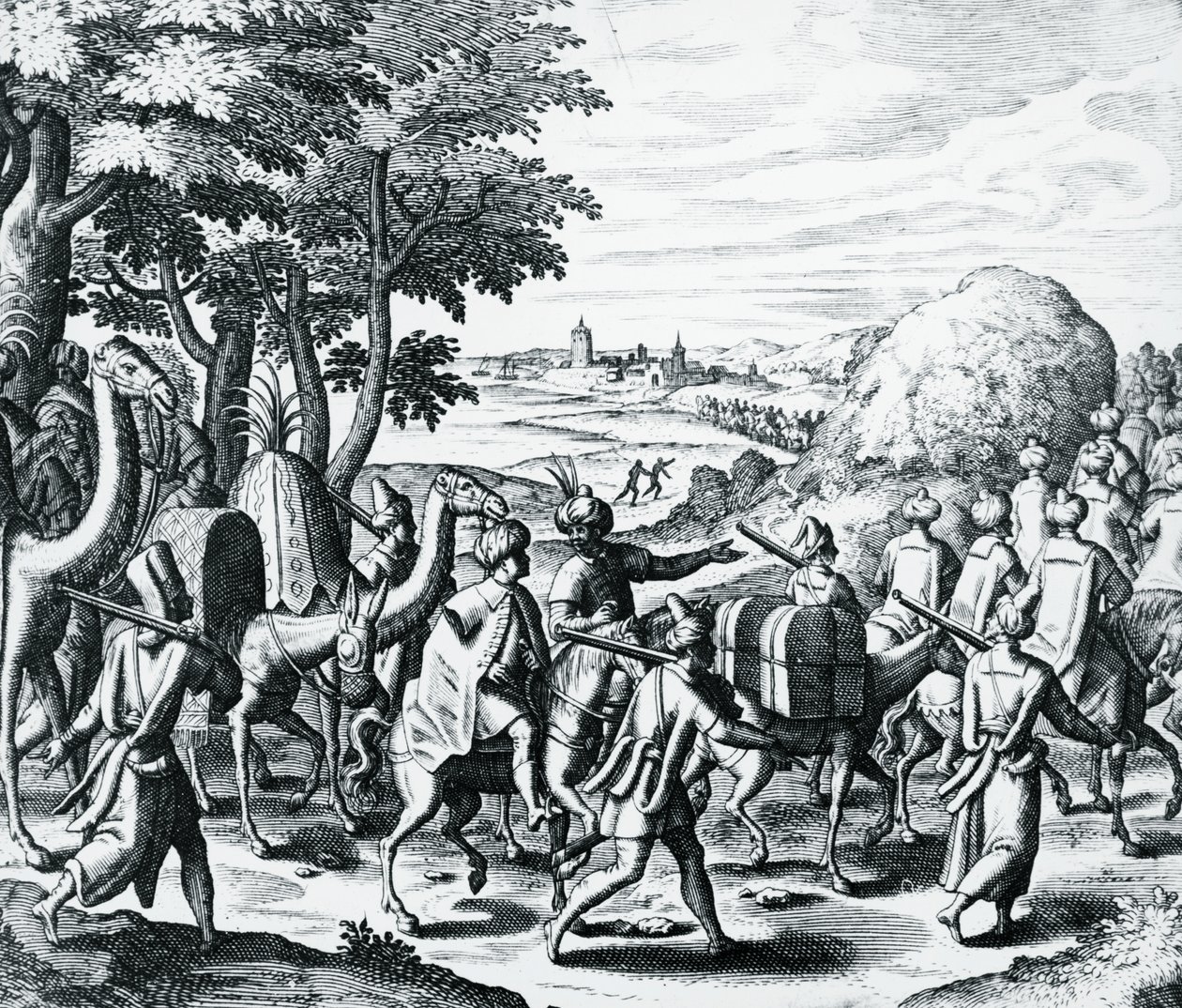 Caravana de comerciantes árabes viajando de Alepo a Basora, grabado de Grands and Petits Voyages, por Theodor de Bry, Medio Oriente de Theodore de Bry