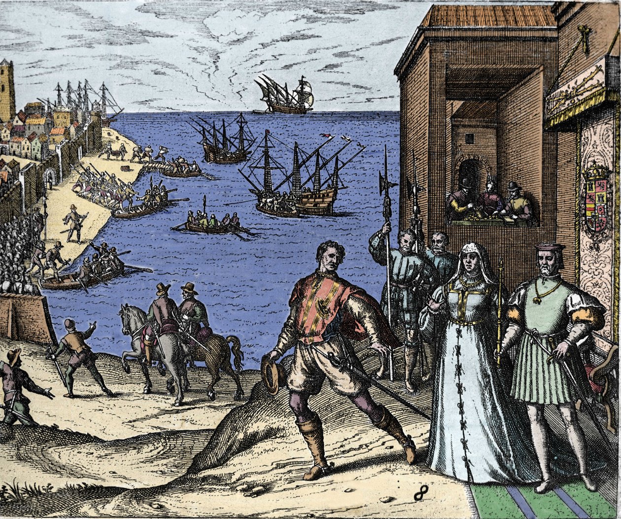 Cristóbal Colón y los hermanos Pinzón saliendo del puerto de Palos en España el 03/08/1492 hacia el Nuevo Mundo. A la derecha, el Rey y la Reina de Portugal, Fernando II de Aragón e Isabel I de Castilla. Grabado de Theodore de Bry en "Admirante" de Theodore de Bry