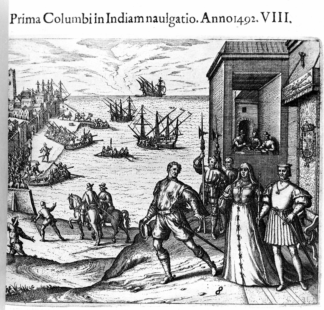 Cristóbal Colón y los hermanos Pinzón saliendo del puerto de Palos en España el 03/08/1492 hacia el Nuevo Mundo. A la derecha, el Rey y la Reina de Portugal, Fernando II de Aragón e Isabel I de Castilla. Grabado de Theodore de Bry en "Admirante" de Theodore de Bry