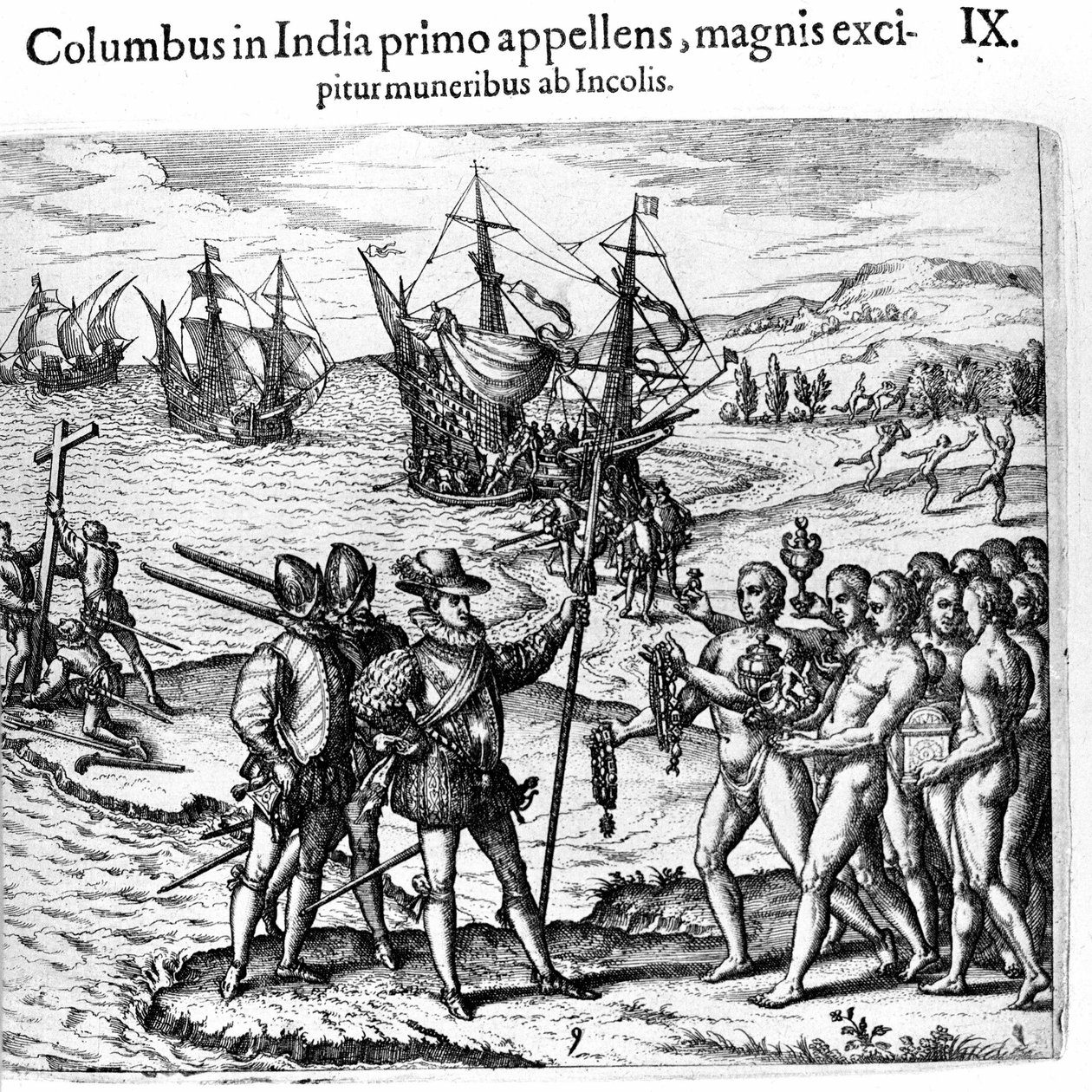 Cristóbal Colón llega a las Indias Occidentales (Grabado de Theodore de Bry en Admirante Narratio - Americae) de Theodore de Bry