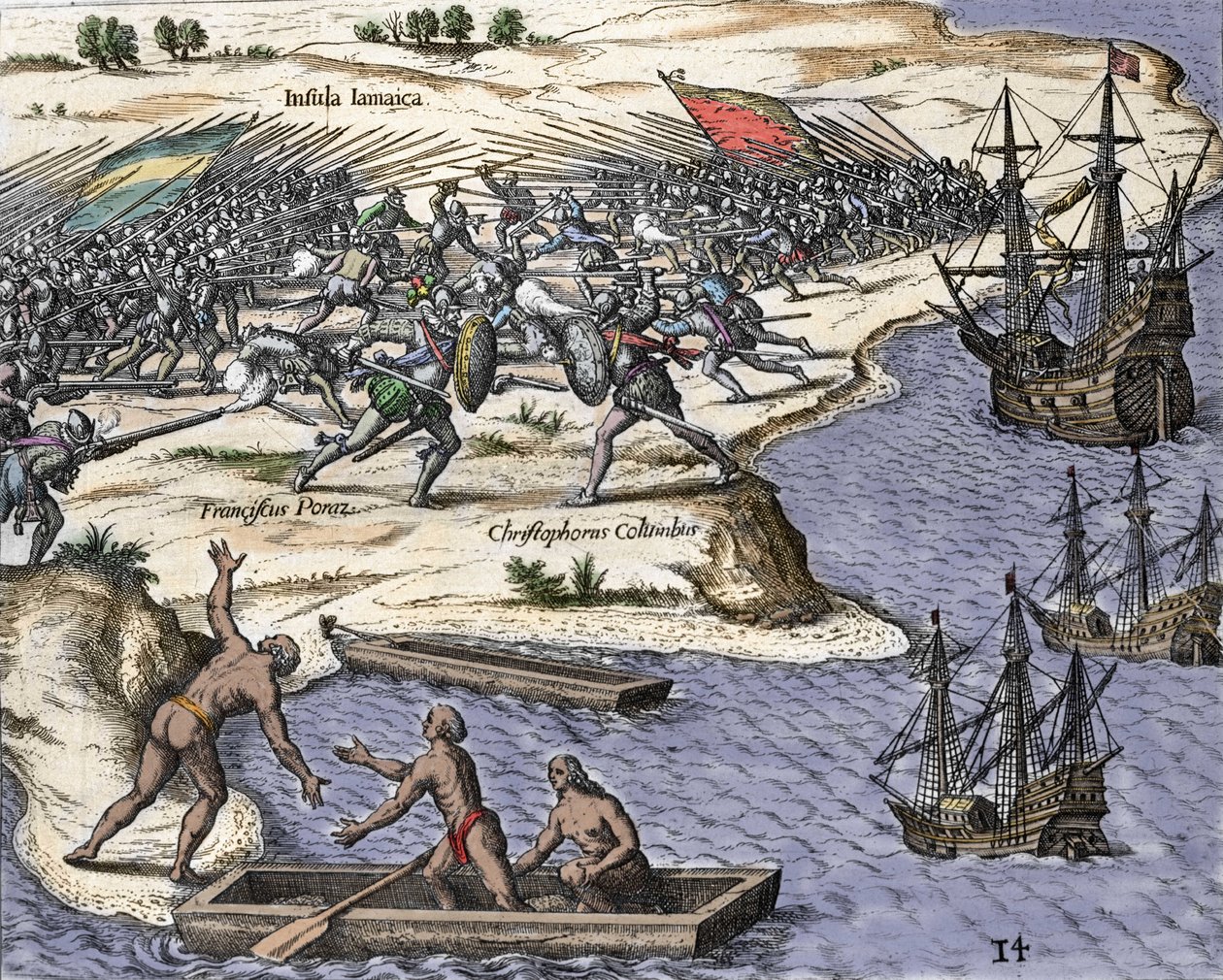 Cuarto viaje de Cristóbal Colón a Jamaica en 1502-1504: batalla contra Francisco Poraz. Grabado de "Historia Americae sive Novi Orbis" de Theodor de Bry (1527-1598), Ámsterdam 1594 de Theodore de Bry