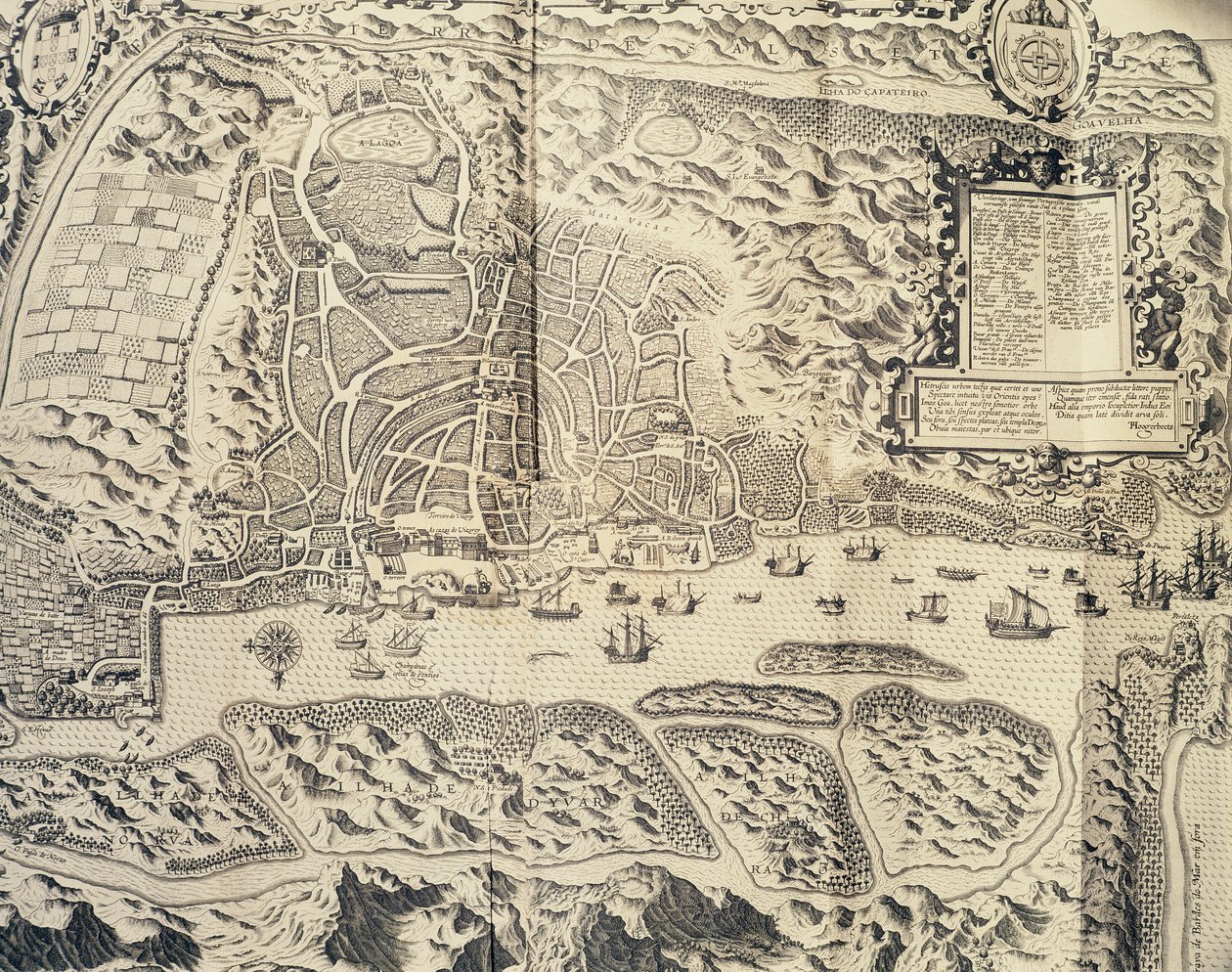 Ciudad de Goa en India, Grabado de Theodor de Bry (1528-1598) del relato de viaje del marinero Jan Huyghen van Linschoten a la India portuguesa 1579-1592), siglo XVI de Theodore de Bry