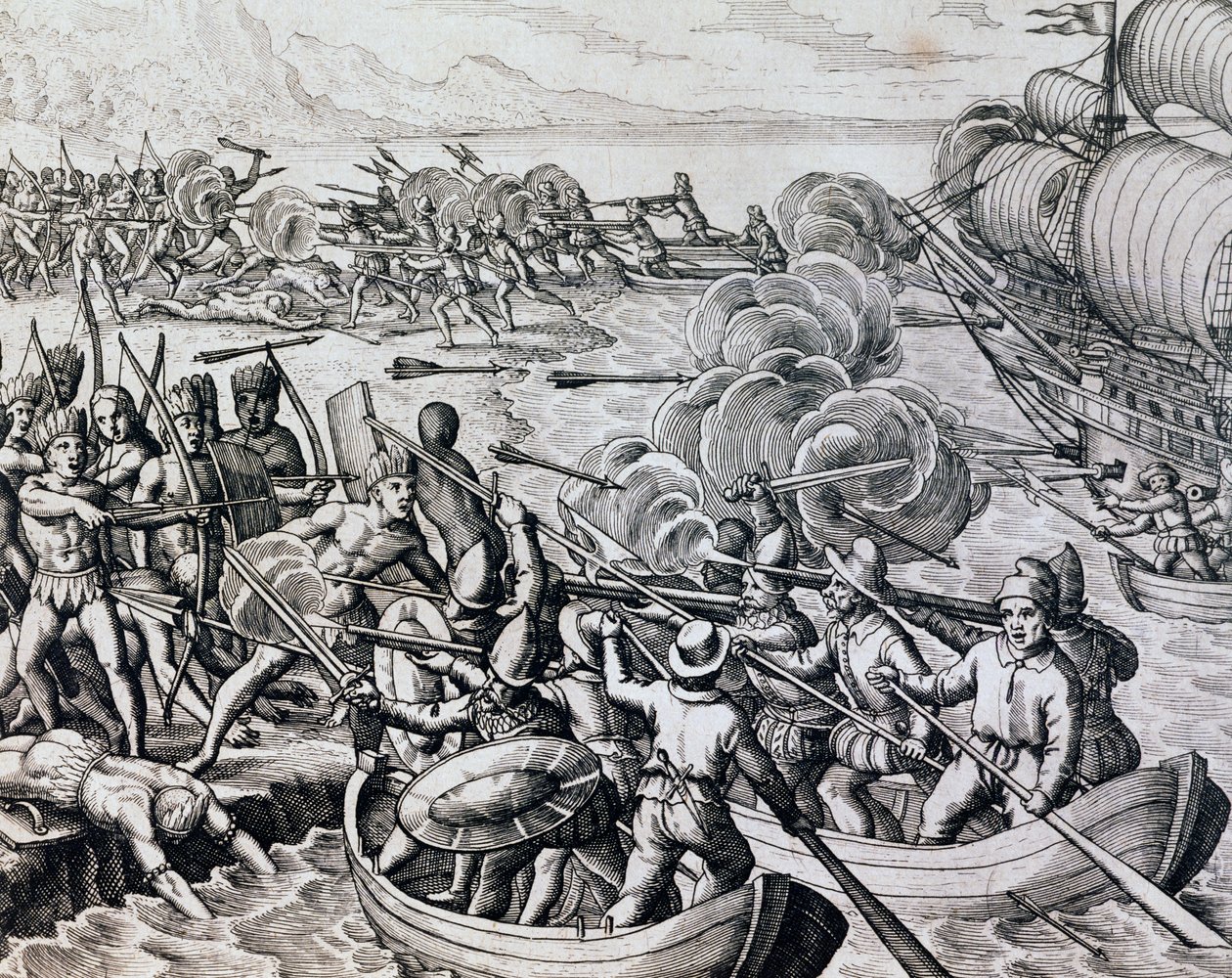 Choque entre indios nativos y tropas españolas, grabado de Historia Americae, por Theodor de Bry (1528-1598), Frankfurt de Theodore de Bry