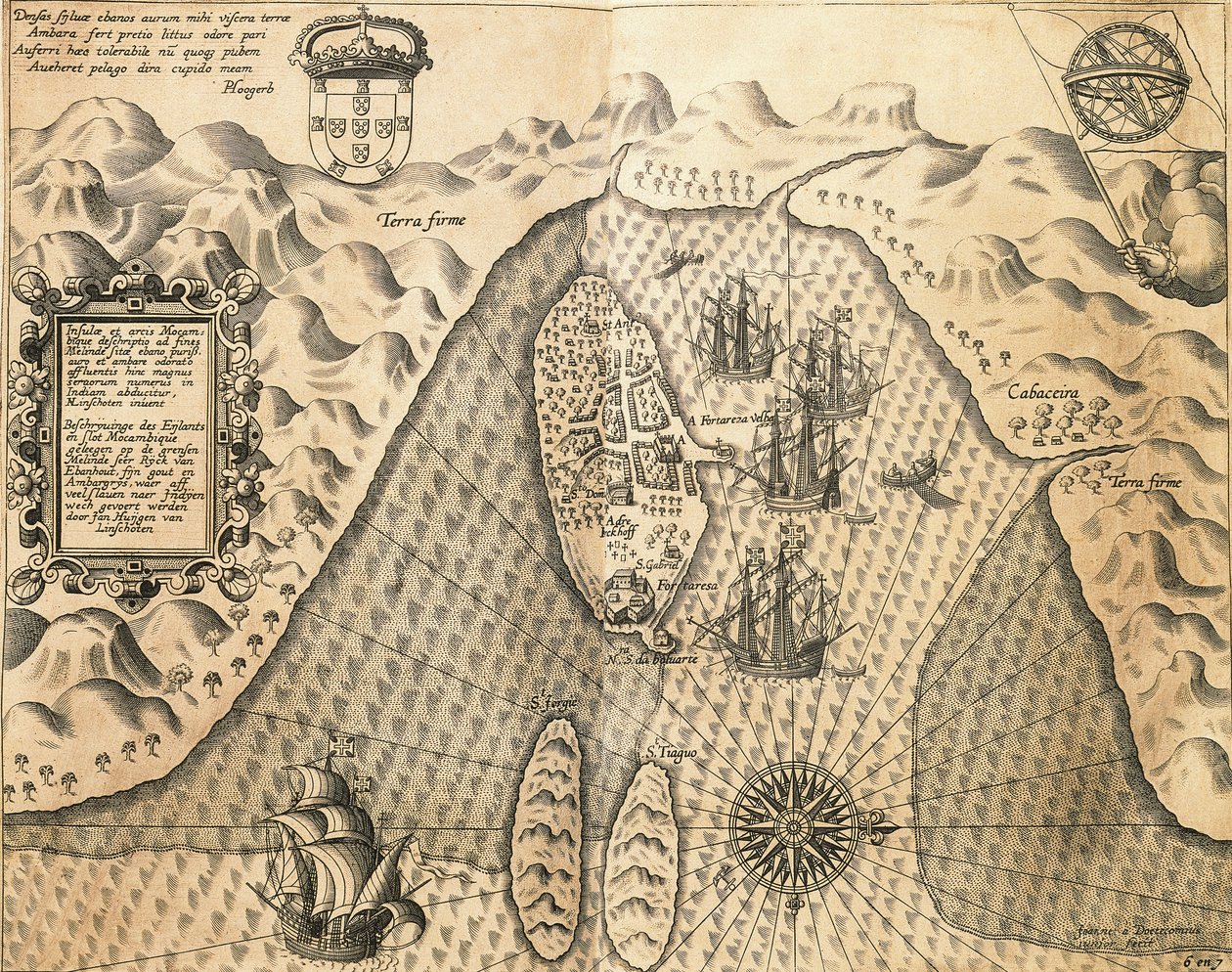 Costas de Mozambique de, Las Indias Orientales por Johannes Hugonis Linschooten y Theodore de Bry, grabado de Theodore de Bry