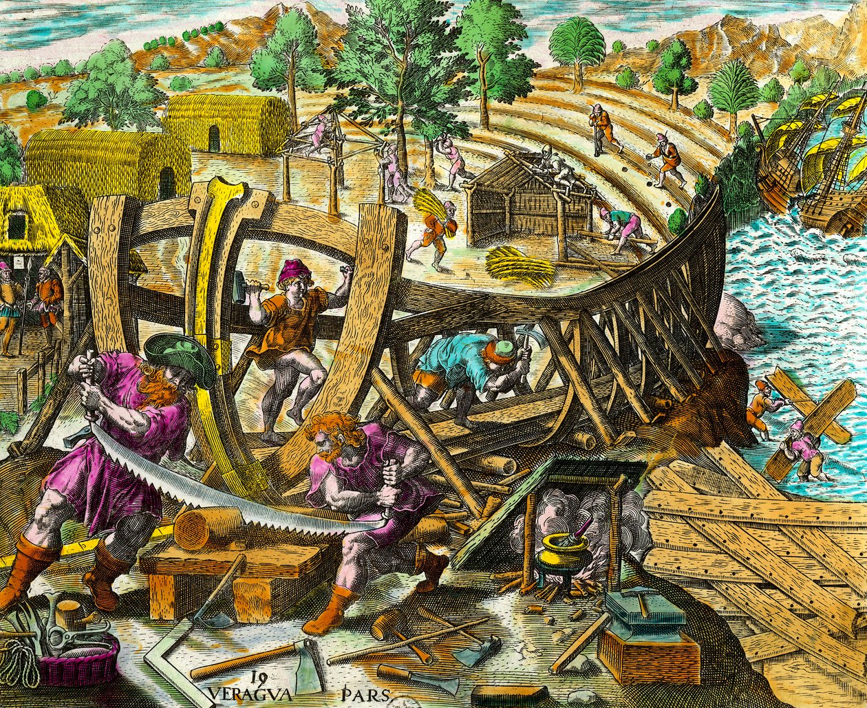 Construcción de un barco para el navegante español Vasco Núñez de Balboa (1475-1517). Grabado de Historia de las Américas por Theodore de Bry (1528-1598) siglo XVI. Colección privada de Theodore de Bry