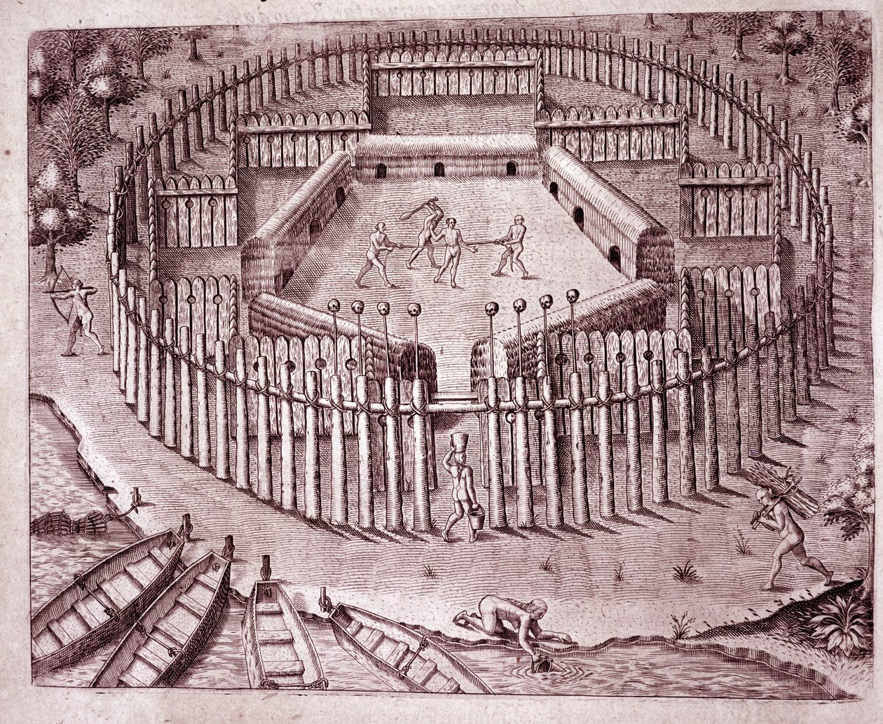 Sistema de defensa de las chozas indias con una doble fila de troncos de árboles plantados alrededor. Las cabezas cortadas de los enemigos se colocan en la parte superior (Grabado) de Theodore de Bry