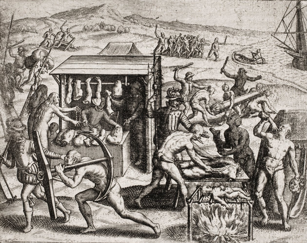 Descripción de crímenes infligidos a los indios por colonos españoles - Conquistadores españoles haciendo trabajar a los indios y maltratándolos - Indios antropófagos - Grabado de Theodore de Bry en “Narratio regionum indicarum per Hispanos quosdam devasta de Theodore de Bry