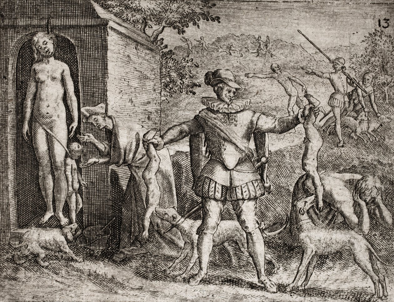 Descripción de crímenes infligidos a los indios por colonos españoles - Conquistadores españoles masacrando mujeres y niños indios. Colgamiento. Niños arrojados a los perros - Grabado por Theodore de Bry en “Narratio regionum indicarum per Hispanos quosdam de Theodore de Bry