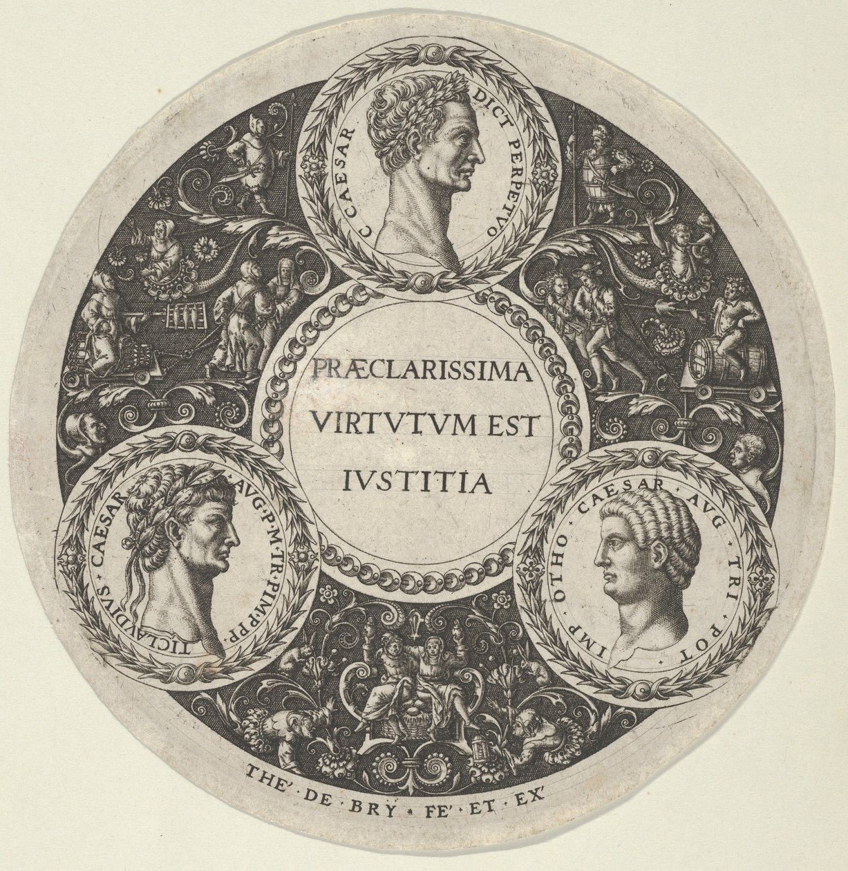 Diseño para un plato con retratos de los emperadores romanos César, Claudio y Otho de Theodore de Bry