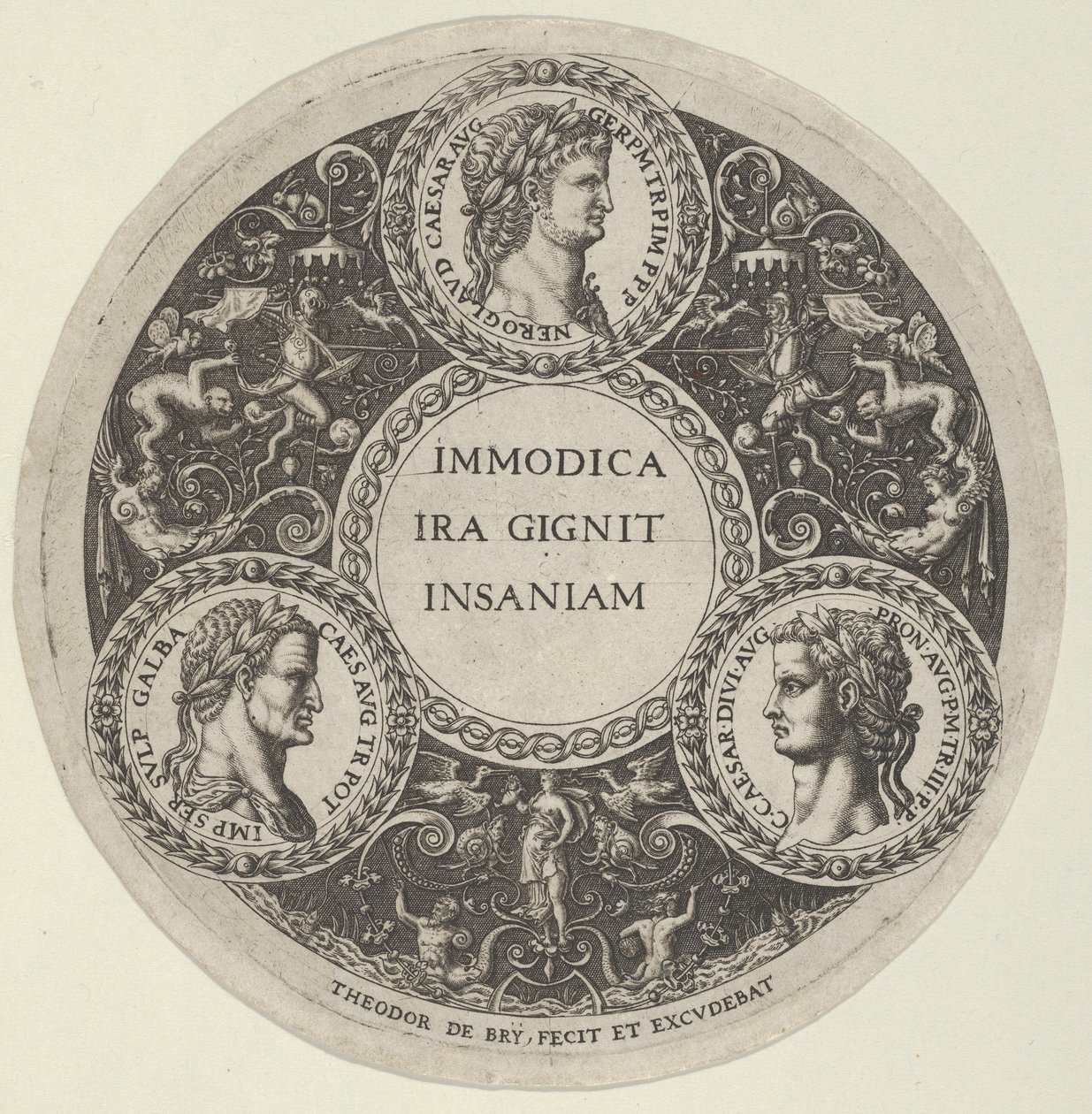 Diseño para un plato con retratos de los emperadores romanos Nerón, Galba y Calígula, ca. 1588 de Theodore de Bry