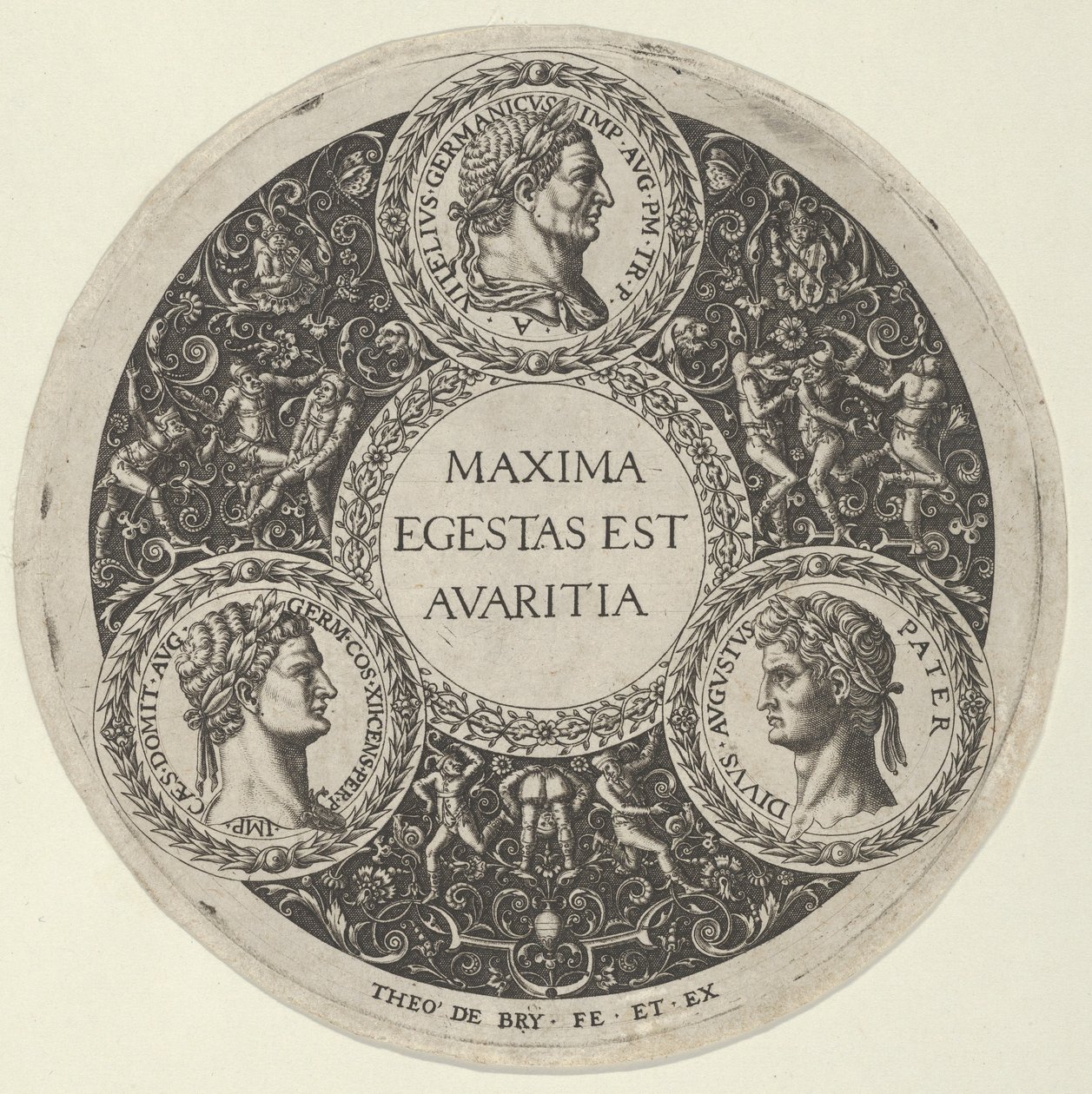Diseño para un Plato con Retratos de los Emperadores Romanos Vitelio, Domiciano y Augusto, ca. 1588 de Theodore de Bry