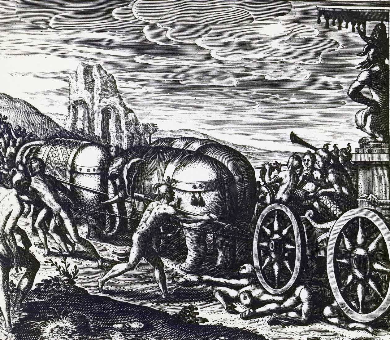 Devotos siendo aplastados por un carro durante la procesión de un ídolo, por Theodor de Bry (1528-1598), grabado de Theodore de Bry