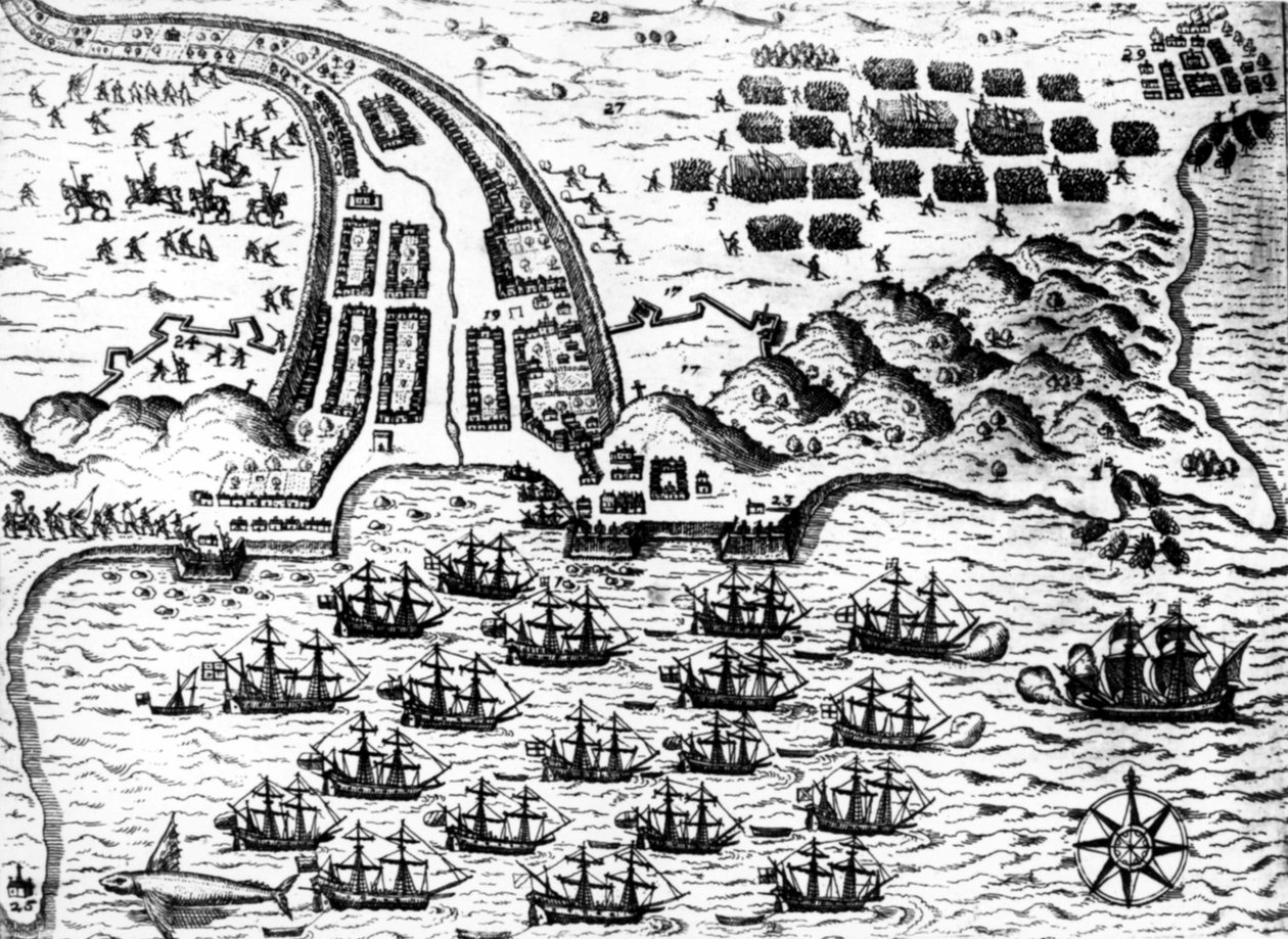 Drake capturó el barco “San Giacomo” en la isla de Cabo Verde, en 1585, por De Bry de Theodore de Bry
