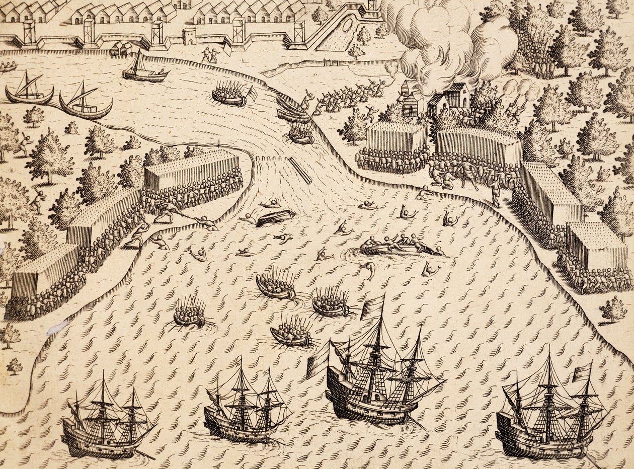 Holandeses llegando a la isla de Madura, Java, grabado de India Orientalis, por Theodor de Bry, Indonesia de Theodore de Bry