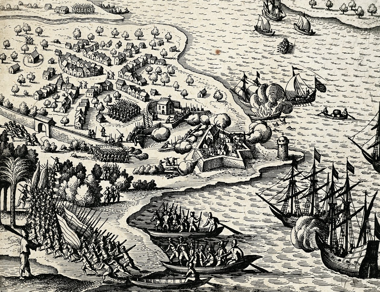 Expedición holandesa a lo largo de la costa de Mozambique, grabado de India orientalis por Theodor de Bry de Theodore de Bry