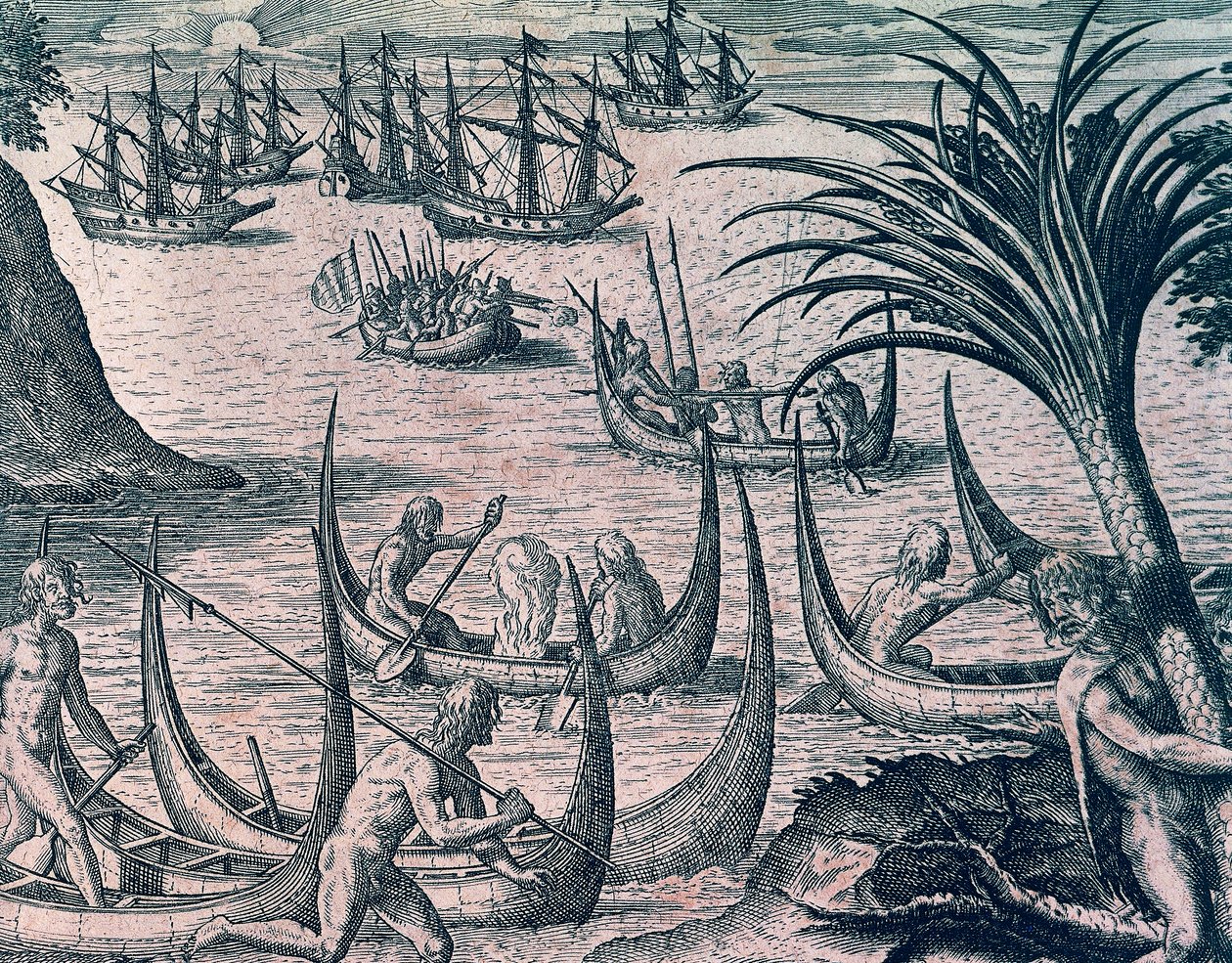 Barcos holandeses en el Estrecho de Magallanes, grabado de la Historia Americana por Theodore de Bry (1528-1598), Frankfurt de Theodore de Bry