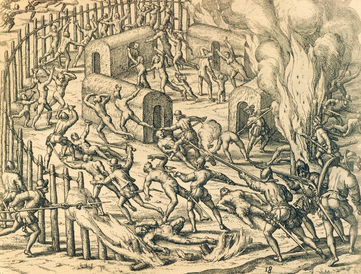 Conquistadores europeos atacando una aldea india, Ilustración de Historia Americana de Theodore de Bry de Theodore de Bry