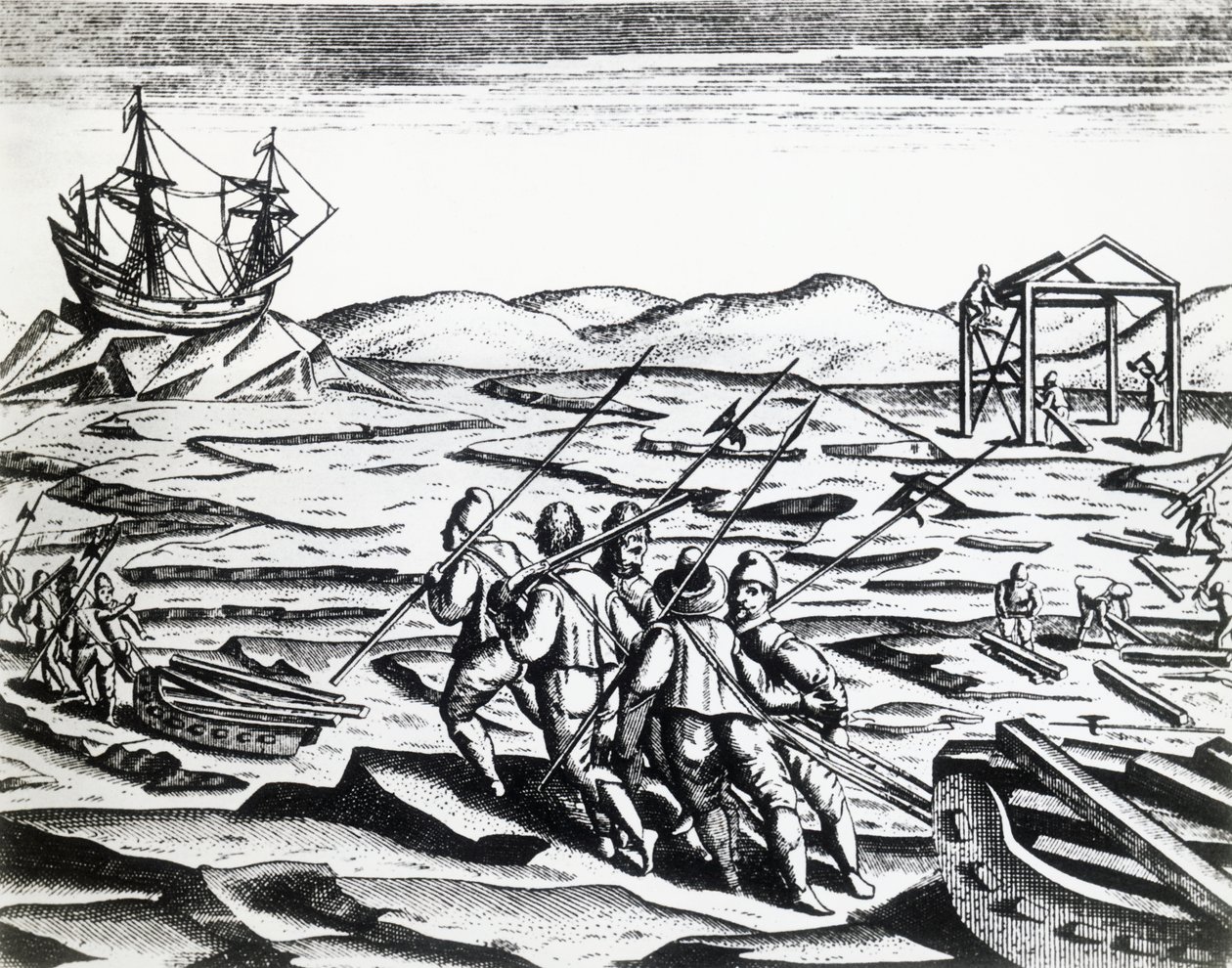 Expedición liderada por William Barents en busca del Paso del Noreste, de Peregrinationes, por Theodor de Bry, grabado de Theodore de Bry