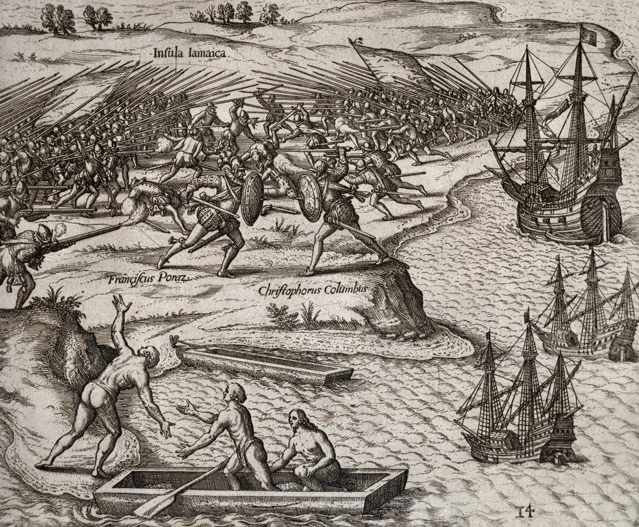 Lucha entre Cristóbal Colón y Francesco Poresio en Jamaica, grabado por Theodor de Bry (1528-1598) de Theodore de Bry