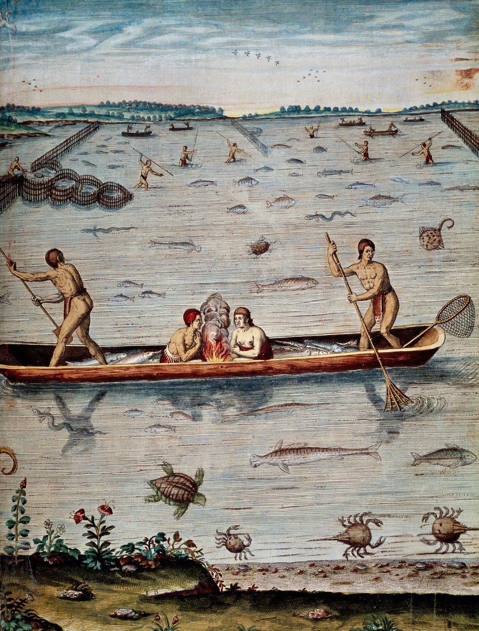 Técnicas de pesca de los nativos en Virginia, grabado por Theodor de Bry de Admiranda narratio trust tamen, commodis et de incolarvm ritibvs Virginae de Theodore de Bry