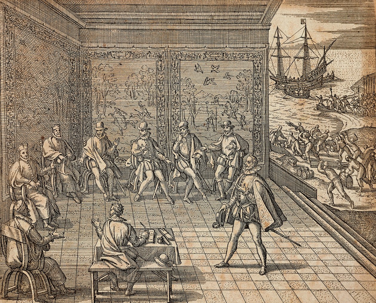 Francisco Pizarro preparándose para su expedición a Sudamérica de Theodore de Bry