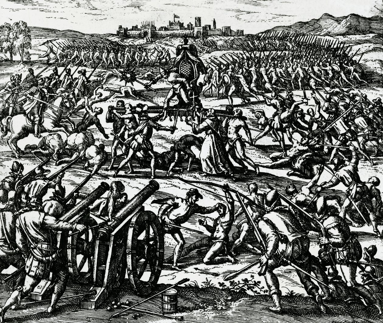 Tropas de Francisco Pizarro capturando al emperador inca Atahualpa durante la Batalla de Cajamarca, 16 de noviembre de Theodore de Bry