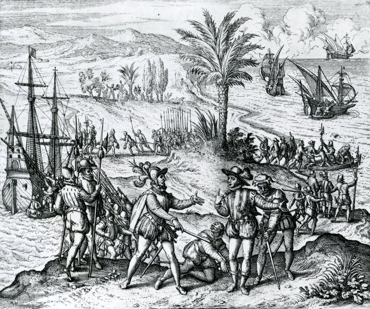 Francisco de Bobadilla llegando como gobernador y arrestando a Cristóbal Colón (1451-1506) en La Española, 1500, 1590 de Theodore de Bry
