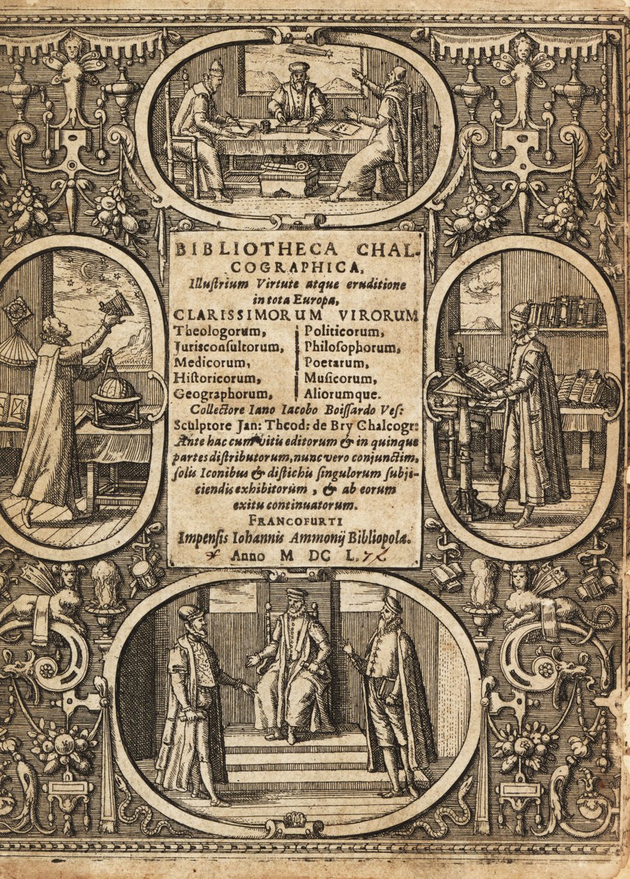Frontispicio con viñetas de científicos dentro de bordes. de Theodore de Bry