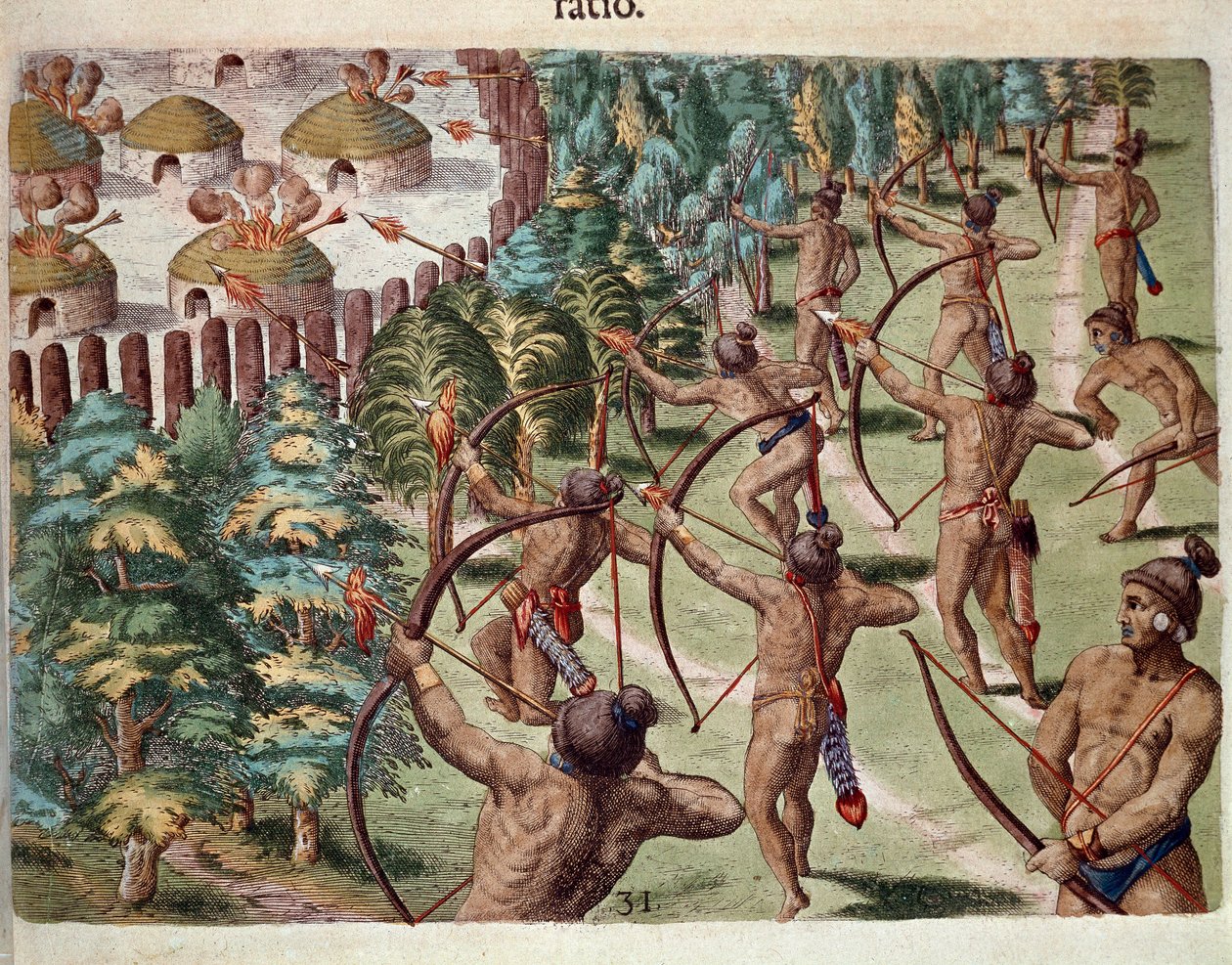 Historia de América: "Una tribu india ataca un pueblo en Florida por la noche" Grabado de "Admirante Narratio Americae" por Theodore de Bry (1528-1598) de Theodore de Bry