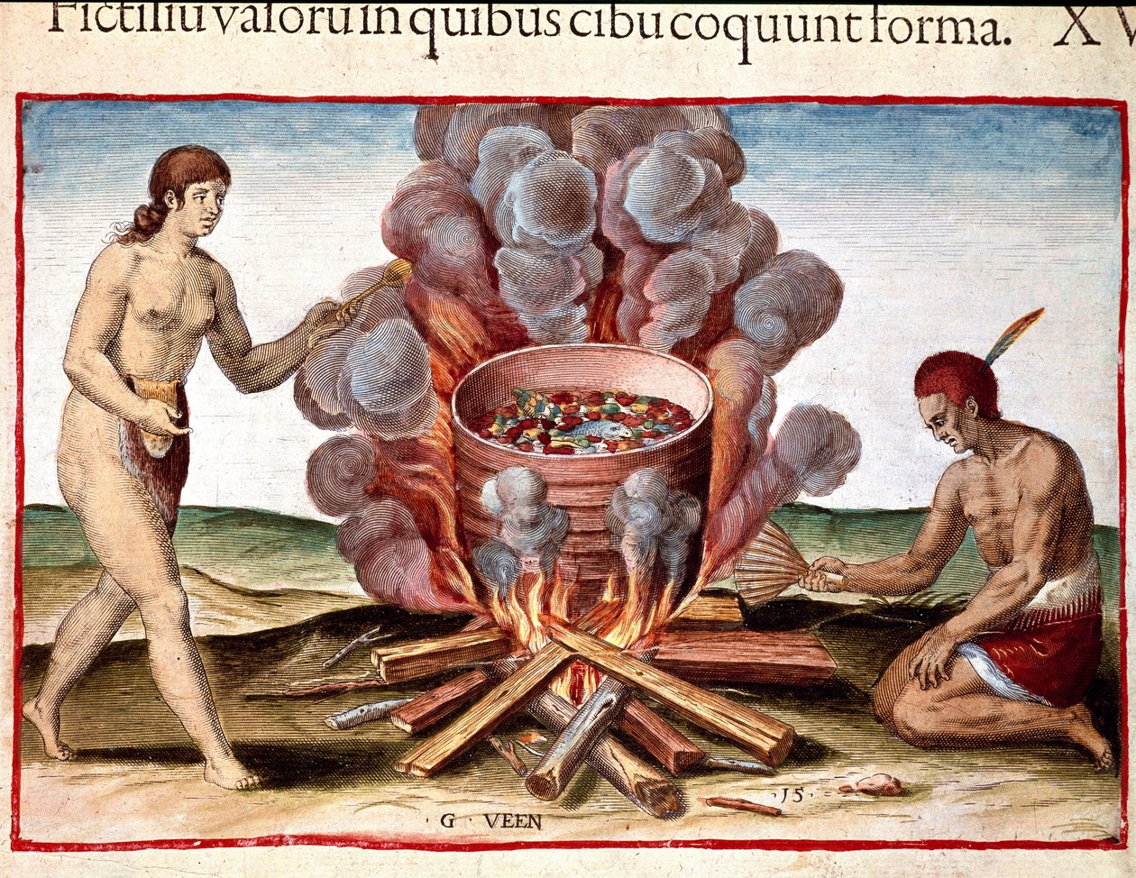 Indios cocinando pescado. Grabado de 