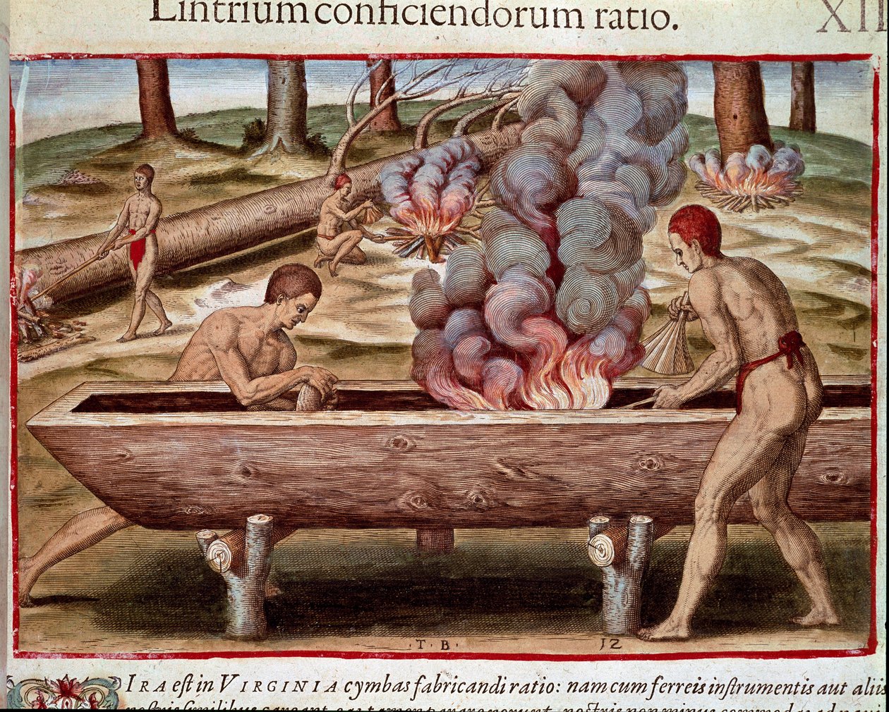 Historia de América: “Indios construyendo barcos” Grabado de “Admirante Narratio Americae” de Theodore de Bry (1528-1598) de Theodore de Bry