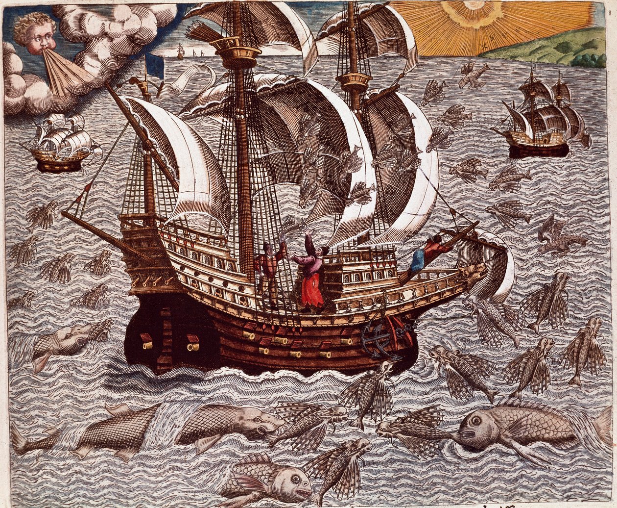 Historia de América: “Viaje de carabelas españolas rodeadas de peces voladores” Relato de los viajes de Hans Staden, explorador alemán que partió con las flotas españolas hacia Brasil, capturado por los indios Tupinamba. Grabado de “Americae tertia pars me de Theodore de Bry