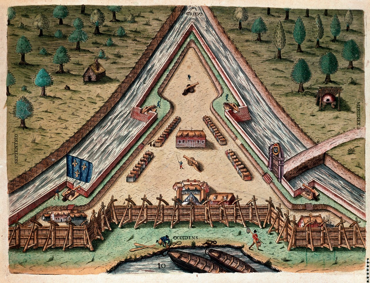 Historia de América: "Vida de Fort Carolina, Bastión de Carolina" "Grabado de "Admirante Narratio Americae"" por Theodore de Bry (1528-1598) después de un dibujo de Jacques le Moyne (de Morgues) (1533-1588) de Theodore de Bry