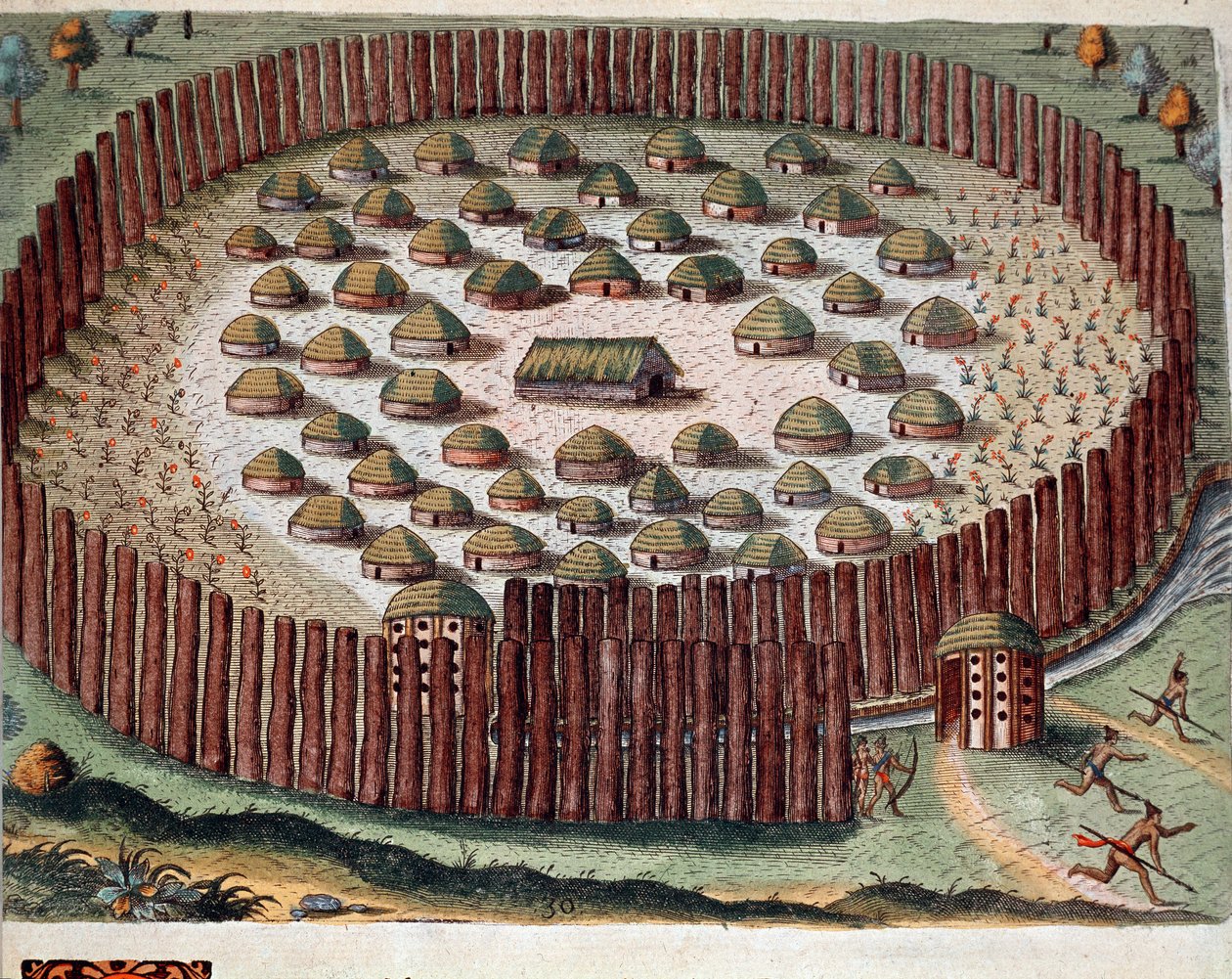 Historia de América: “Representación de un pueblo indio fortificado en Florida” Grabado de “Admirante Narratio Americae” por Theodore de Bry (1528-1598) de Theodore de Bry