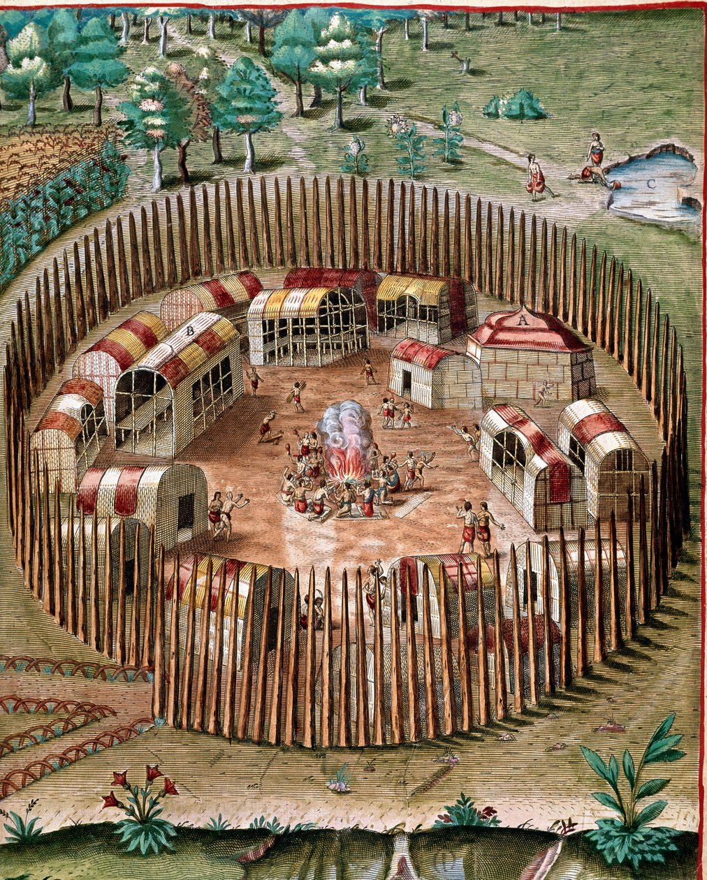 Representación de la ciudad fortificada Pomeiock o Pomeiooc en Virginia en 1585. Grabado de 