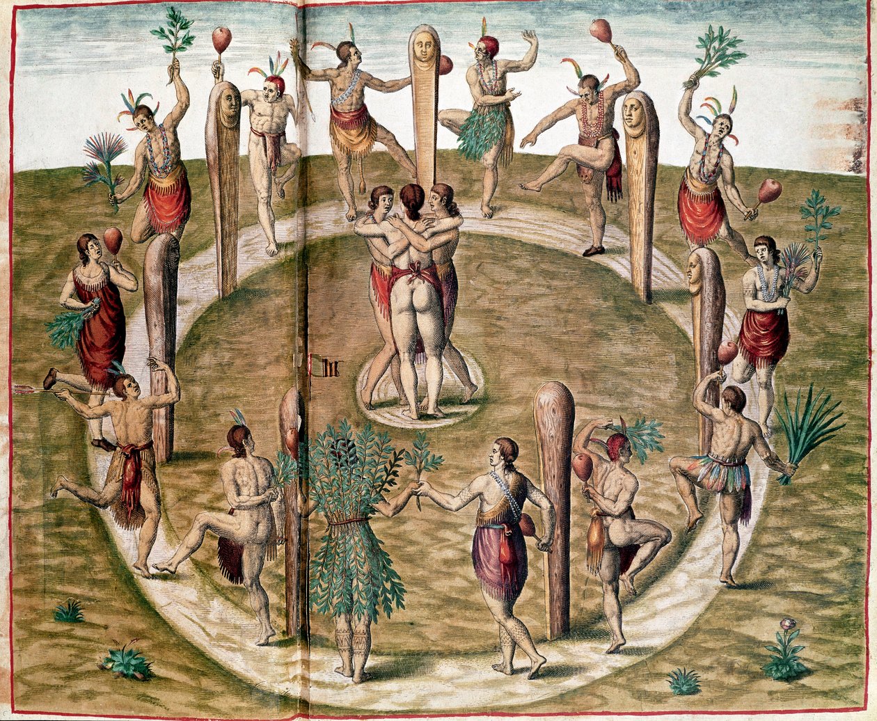 Danza ritual para celebrar la amistad. Grabado por Theodore de Bry (1528-1598). Siglo XVI. Vincennes, Museo Histórico de la Marina de Theodore de Bry