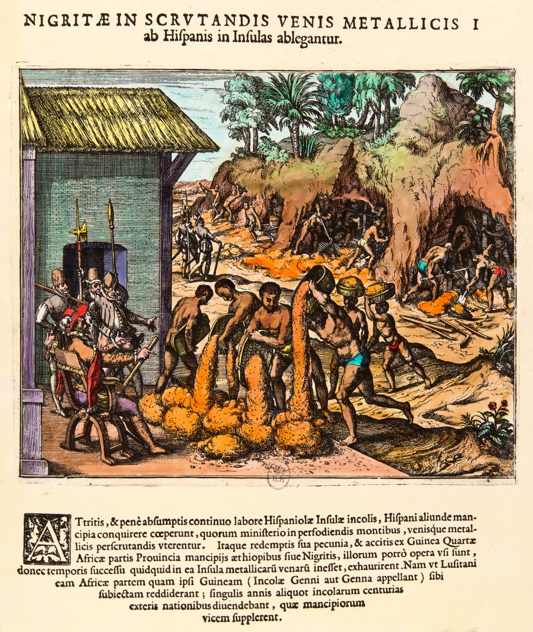 Historia de América: los españoles explotan minas de oro. Los indígenas trabajan ante los ojos de los colonos (Grabado de Theodore de Bry, siglo XVI, colección privada) de Theodore de Bry