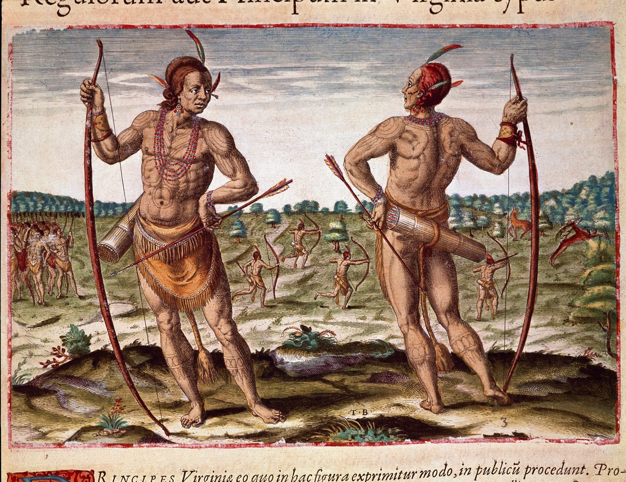 Dos habitantes de Virginia, armas indígenas de flechas y arco. Grabado de 