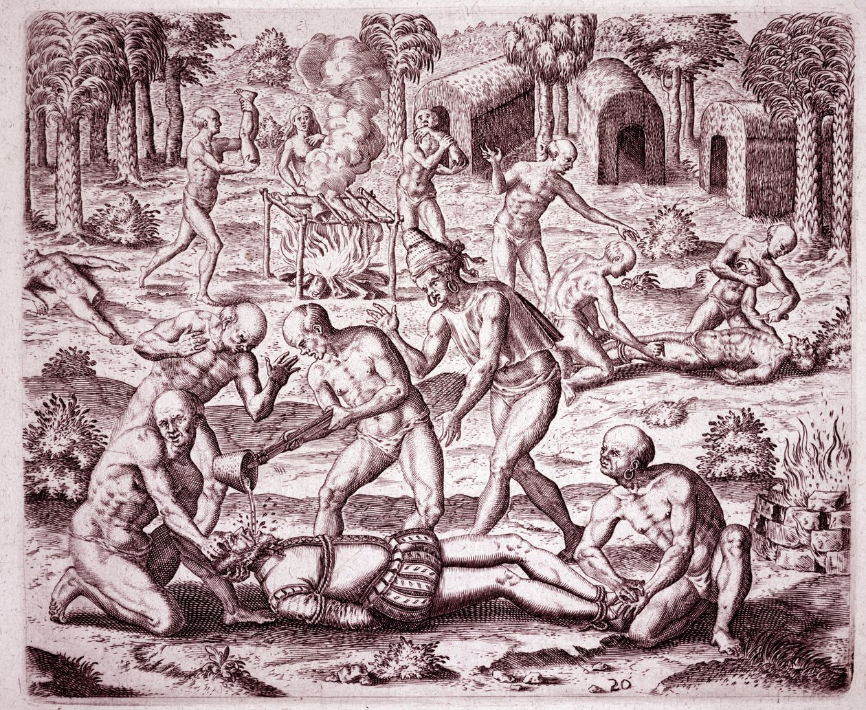 Historia de América: descripción de las torturas infligidas por los indios a los colonos españoles, vertiendo oro en sus bocas y cortando sus miembros para comérselos de Theodore de Bry
