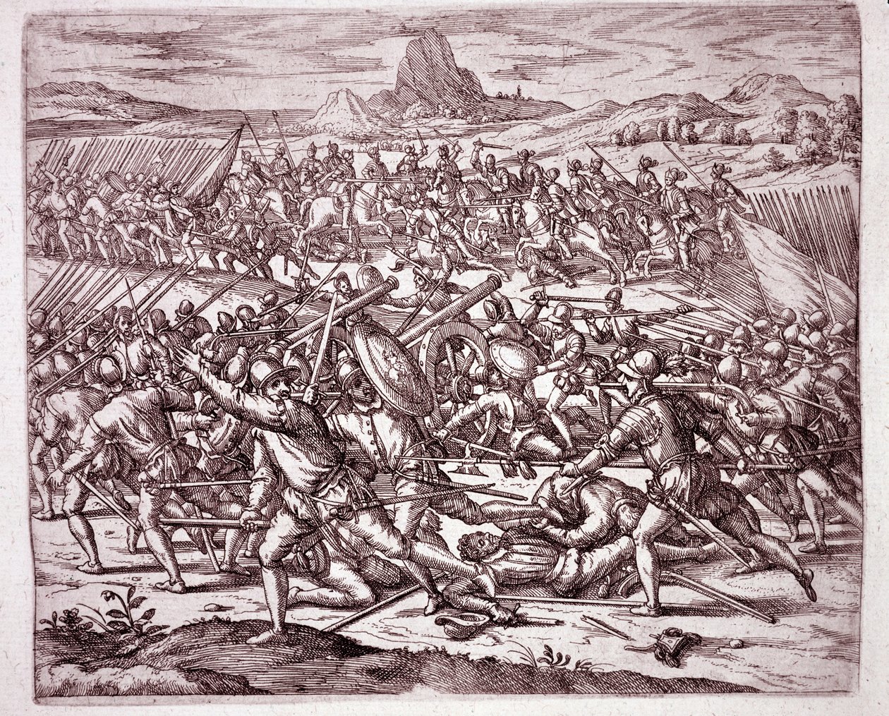 Historia de América: luchas entre los ejércitos de Vaca de Castro y Almagro el Joven tras la muerte de Francisco Pizarro y Diego de Almagro (Grabado) de Theodore de Bry