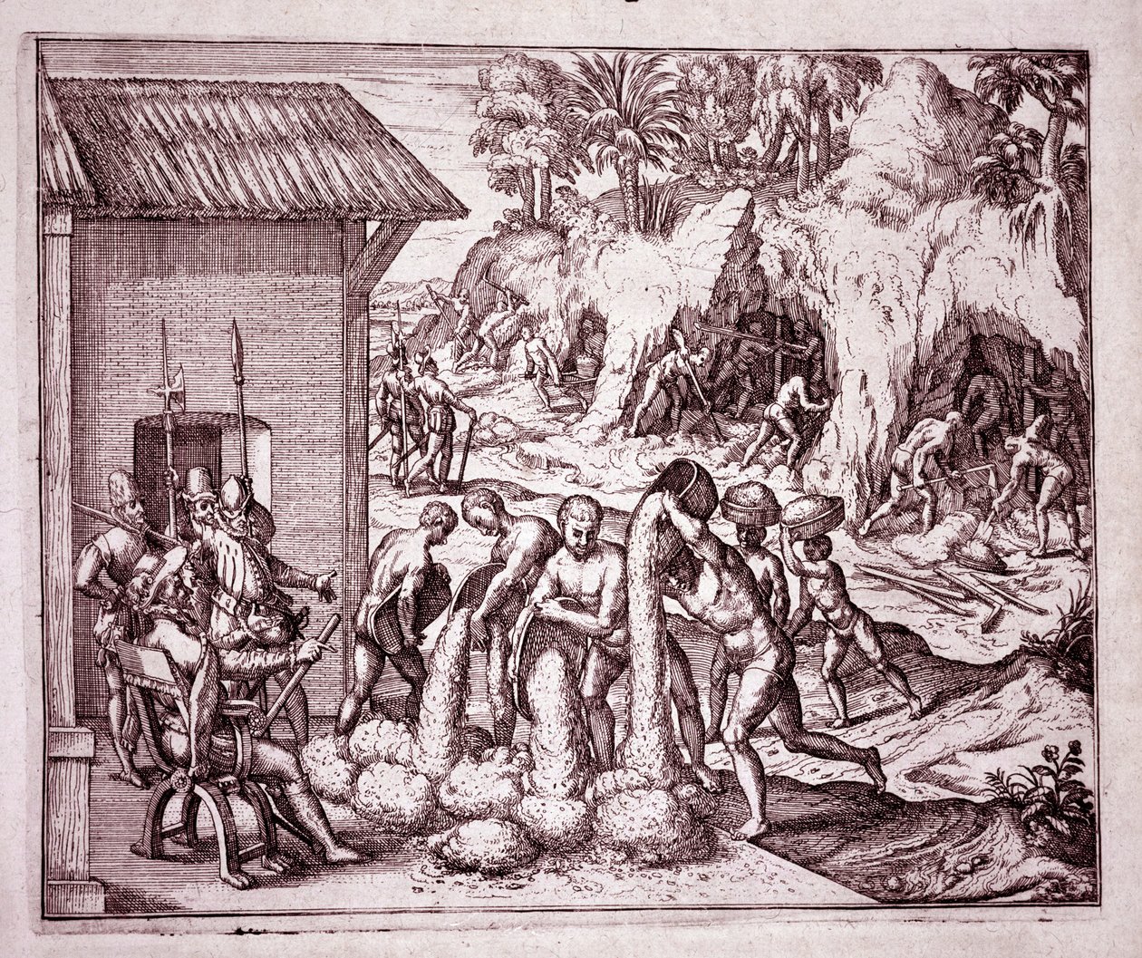 Historia de América: los españoles explotan las minas de oro (Grabado) de Theodore de Bry