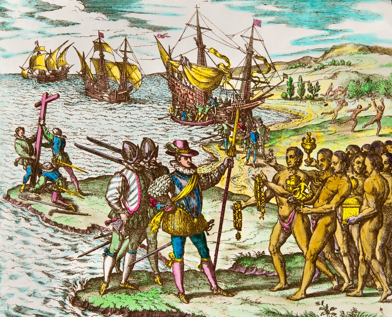 Historia de América: el explorador Cristóbal Colón (1451-1506) es recibido por los indios a su llegada al Nuevo Mundo. Grabado por Theodore De Bry (1528-1598) Grabado del siglo XVI de Theodore de Bry