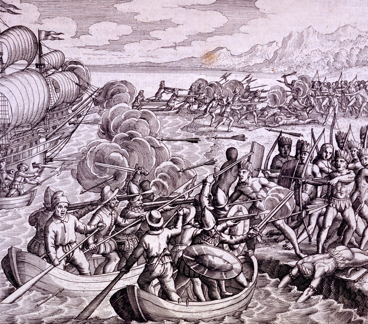 Cómo los españoles desembarcaron en la isla de Haití, con 400 hombres lo que llevó a una gran batalla con los nativos, ilustración de 