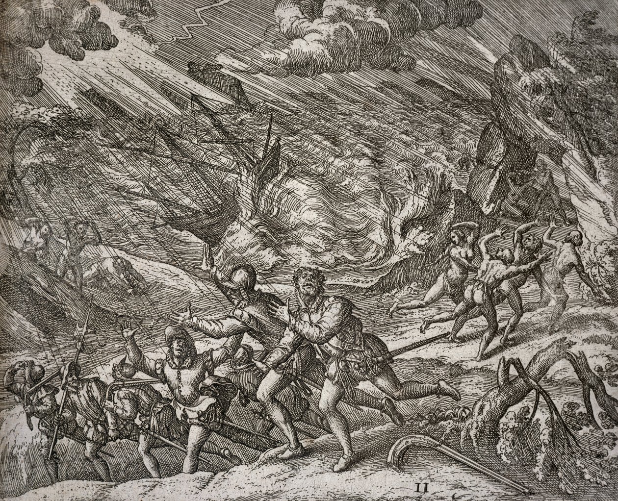 Huracán hundiendo la Santa María, carabela de Cristóbal Colón de Theodore de Bry